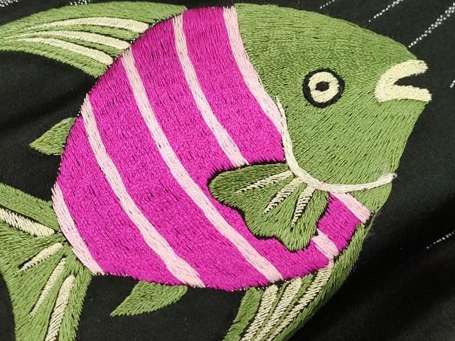 平和屋着物●アンティーク　大正ロマン　九寸名古屋帯　刺繍　エンゼルフィッシュ　黒地　金彩　正絹　逸品　CABM0611dy