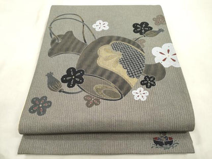 平和屋着物●両面　太鼓柄袋帯　鼓花文　金彩　正絹　逸品　未使用　CABM0627dy