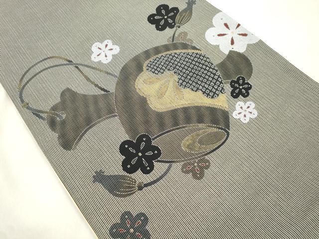 平和屋着物●両面　太鼓柄袋帯　鼓花文　金彩　正絹　逸品　未使用　CABM0627dy