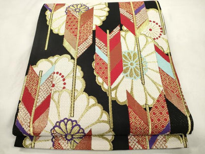 平和屋着物●六通柄袋帯　矢羽花文　黒地　金糸　正絹　逸品　CABM0635dy