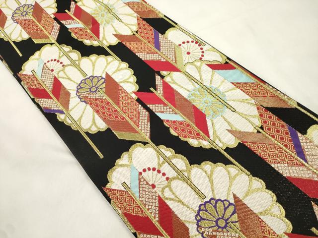 平和屋着物●六通柄袋帯　矢羽花文　黒地　金糸　正絹　逸品　CABM0635dy