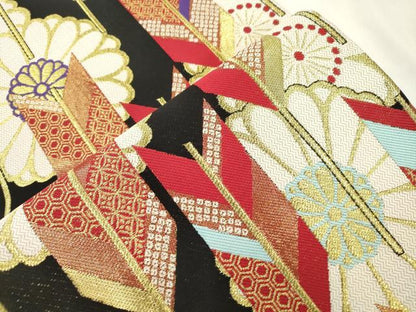 平和屋着物●六通柄袋帯　矢羽花文　黒地　金糸　正絹　逸品　CABM0635dy