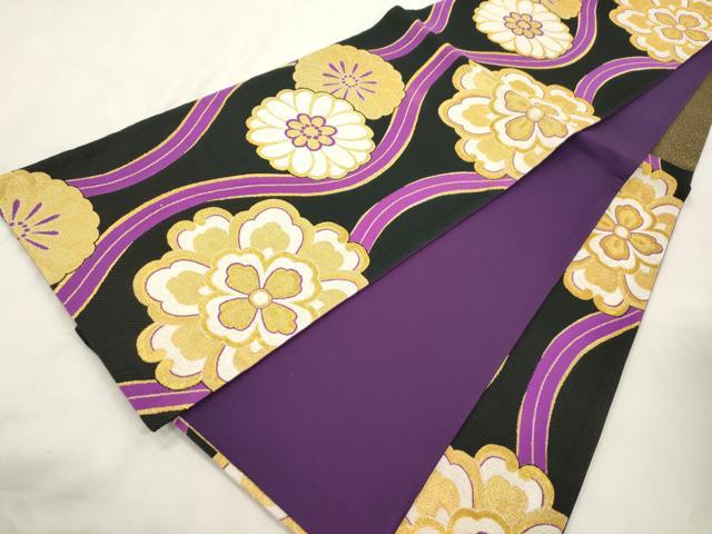 平和屋着物●六通柄袋帯　立涌花文　黒地　金糸　正絹　逸品　CABM0638dy