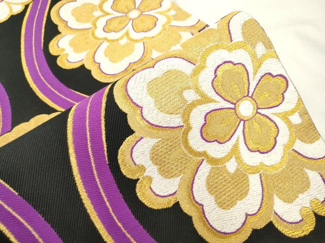平和屋着物●六通柄袋帯　立涌花文　黒地　金糸　正絹　逸品　CABM0638dy