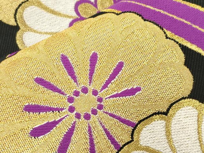 平和屋着物●六通柄袋帯　立涌花文　黒地　金糸　正絹　逸品　CABM0638dy