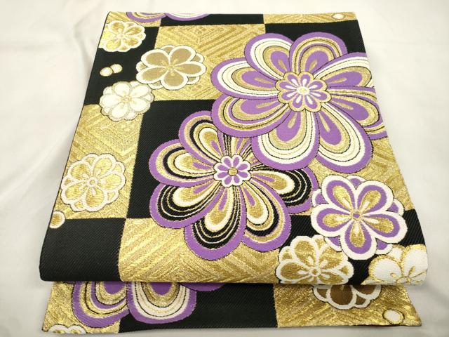 平和屋着物●両面　六通柄袋帯　舞花文　黒地　金糸　正絹　逸品　CABM0639dy