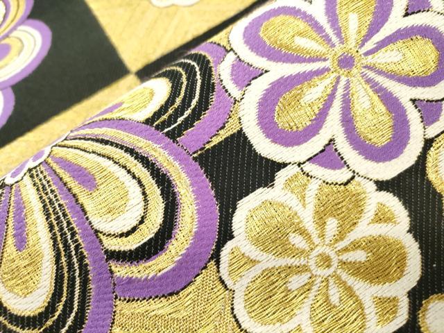 平和屋着物●両面　六通柄袋帯　舞花文　黒地　金糸　正絹　逸品　CABM0639dy