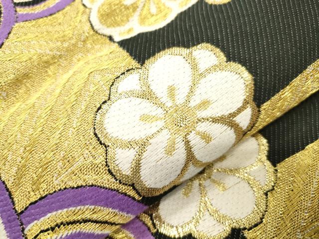 平和屋着物●両面　六通柄袋帯　舞花文　黒地　金糸　正絹　逸品　CABM0639dy