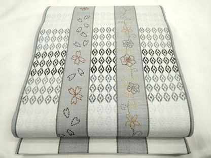 平和屋着物●六通柄袋帯　刺し子　刺繍　草花間道　長尺　正絹　逸品　CABM0644dy