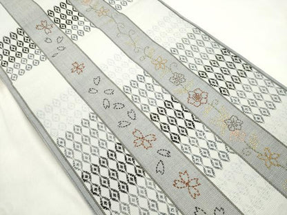 平和屋着物●六通柄袋帯　刺し子　刺繍　草花間道　長尺　正絹　逸品　CABM0644dy