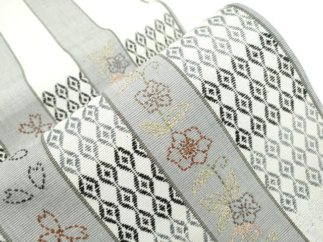 平和屋着物●六通柄袋帯　刺し子　刺繍　草花間道　長尺　正絹　逸品　CABM0644dy