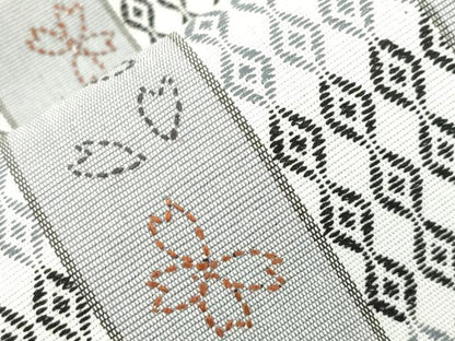 平和屋着物●六通柄袋帯　刺し子　刺繍　草花間道　長尺　正絹　逸品　CABM0644dy