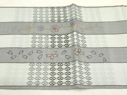 平和屋着物●六通柄袋帯　刺し子　刺繍　草花間道　長尺　正絹　逸品　CABM0644dy