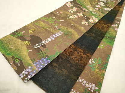 平和屋着物●全通柄袋帯　草花文　金通し地　正絹　逸品　CABM0652dy