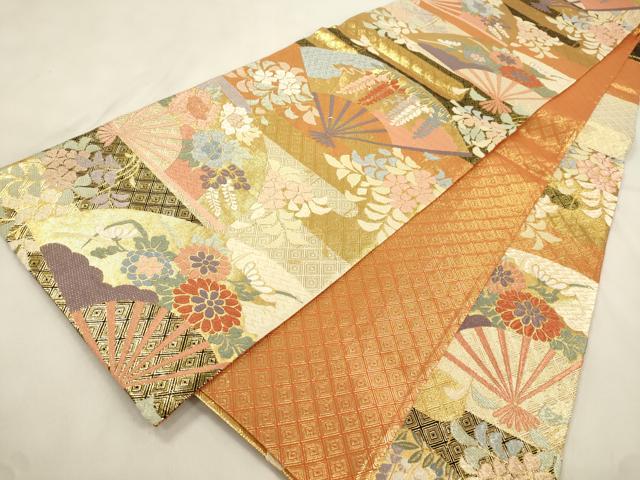 平和屋着物●佐賀錦　六通柄袋帯　唐織　扇面草花文　金糸　正絹　逸品　CABM0654dy