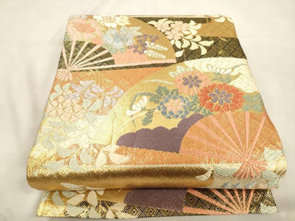 平和屋着物●佐賀錦　六通柄袋帯　唐織　扇面草花文　金糸　正絹　逸品　CABM0654dy