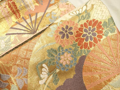 平和屋着物●佐賀錦　六通柄袋帯　唐織　扇面草花文　金糸　正絹　逸品　CABM0654dy