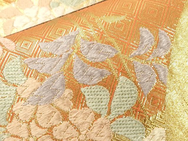 平和屋着物●佐賀錦　六通柄袋帯　唐織　扇面草花文　金糸　正絹　逸品　CABM0654dy