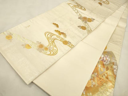 平和屋着物●金彩友禅　卓越技能者・名工・和田光正　太鼓柄袋帯　地紙人物流水花文　金銀彩　正絹　逸品　CABM0660dy