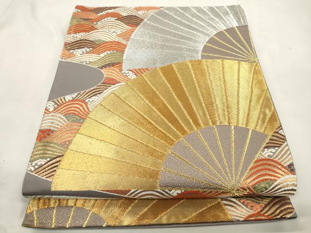 平和屋着物●西陣　河合美術織物謹製　六通柄袋帯　立波扇面文　金銀糸　正絹　逸品　CABM0670dy