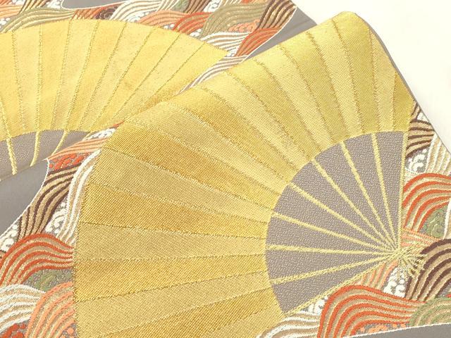 平和屋着物●西陣　河合美術織物謹製　六通柄袋帯　立波扇面文　金銀糸　正絹　逸品　CABM0670dy