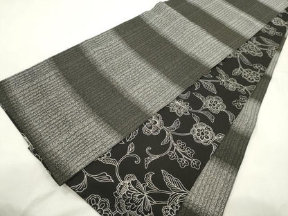平和屋着物●両面　全通柄袋帯　更紗花文　黒地　正絹　逸品　CABM0677dy