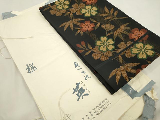 平和屋着物●西陣　川島織物　洗える最高級着物　＜英＞はなぶさ謹製　六通柄袋帯　笹竹花文　黒地　金糸　たとう紙付き　CABM0713dy