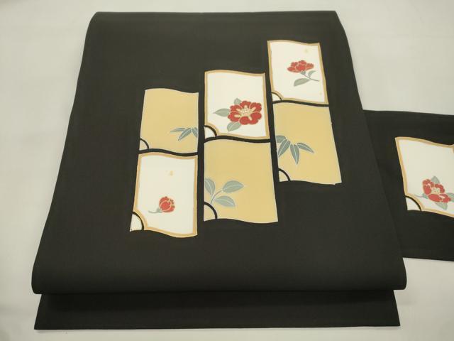 平和屋着物●塩瀬　九寸名古屋帯　草花文　黒地　金彩　正絹　逸品　CABM0719dy
