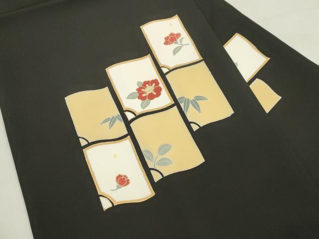 平和屋着物●塩瀬　九寸名古屋帯　草花文　黒地　金彩　正絹　逸品　CABM0719dy
