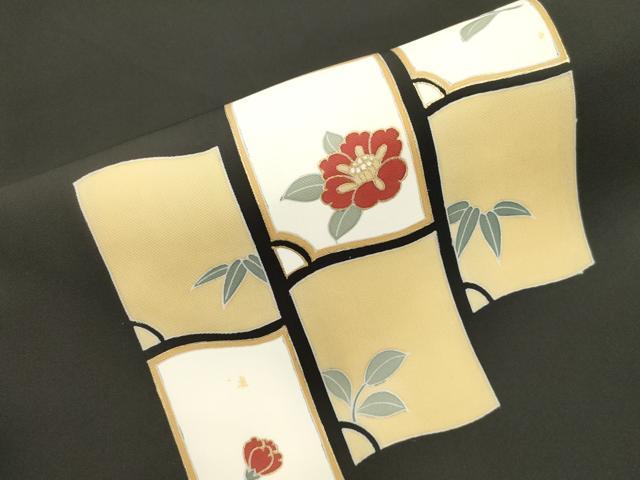 平和屋着物●塩瀬　九寸名古屋帯　草花文　黒地　金彩　正絹　逸品　CABM0719dy