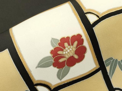 平和屋着物●塩瀬　九寸名古屋帯　草花文　黒地　金彩　正絹　逸品　CABM0719dy