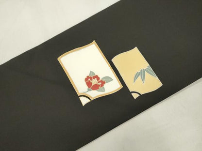 平和屋着物●塩瀬　九寸名古屋帯　草花文　黒地　金彩　正絹　逸品　CABM0719dy