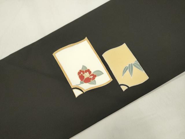 平和屋着物●塩瀬　九寸名古屋帯　草花文　黒地　金彩　正絹　逸品　CABM0719dy