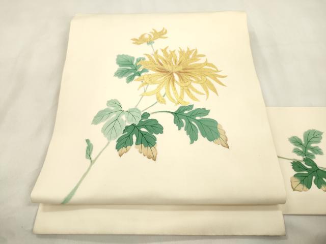 平和屋着物●塩瀬　九寸名古屋帯　手描き　草花文　金彩　正絹　逸品　CABM0720dy