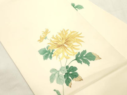 平和屋着物●塩瀬　九寸名古屋帯　手描き　草花文　金彩　正絹　逸品　CABM0720dy
