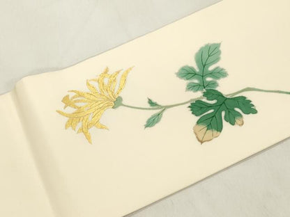 平和屋着物●塩瀬　九寸名古屋帯　手描き　草花文　金彩　正絹　逸品　CABM0720dy