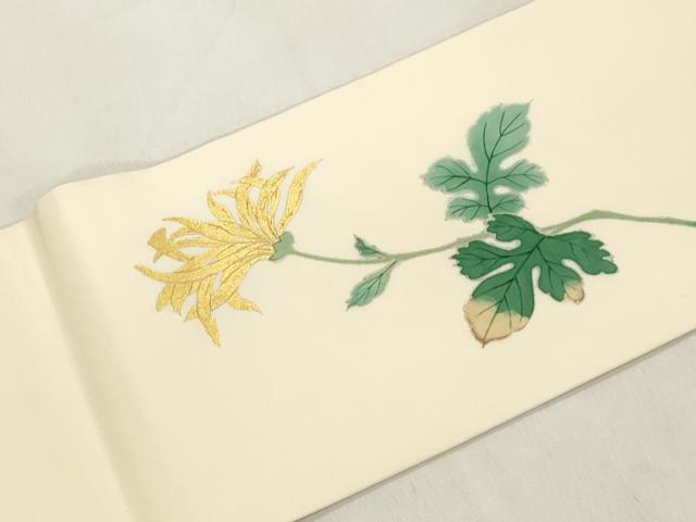 平和屋着物●塩瀬　九寸名古屋帯　手描き　草花文　金彩　正絹　逸品　CABM0720dy