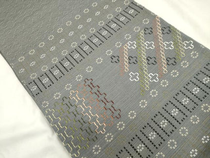 平和屋着物●太鼓柄袋帯　花織　幾何学文　正絹　逸品　CABM0723d