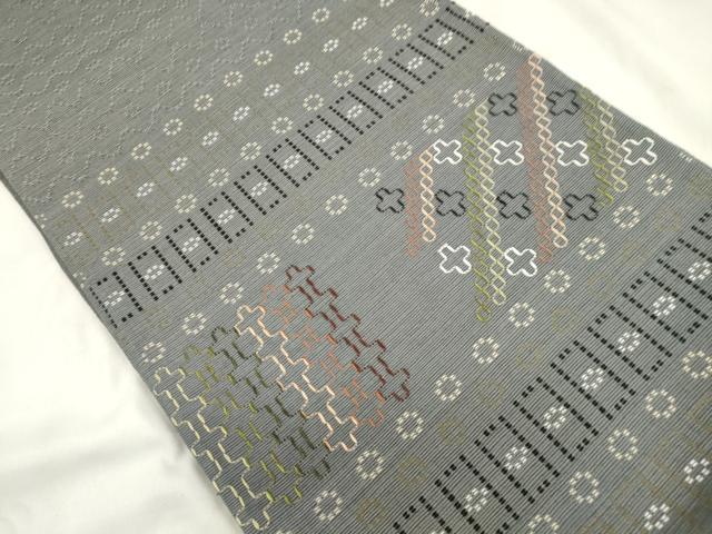 平和屋着物●太鼓柄袋帯　花織　幾何学文　正絹　逸品　CABM0723d