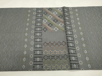 平和屋着物●太鼓柄袋帯　花織　幾何学文　正絹　逸品　CABM0723d