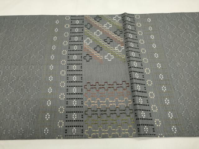 平和屋着物●太鼓柄袋帯　花織　幾何学文　正絹　逸品　CABM0723d