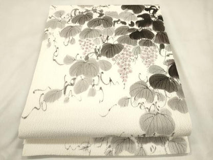 平和屋着物●着物作家　岡本龍三　九寸開き名古屋帯　手描き　葡萄蔦の葉文　正絹　逸品　CABM0728dy