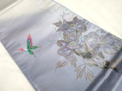平和屋着物●染色作家　木下茂森　太鼓柄袋帯　花蝶文　銀通し地　正絹　逸品　CABM0735dy