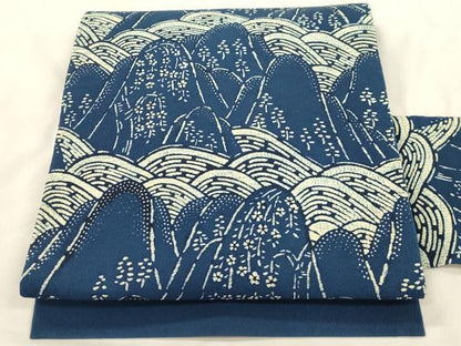 平和屋着物●九寸名古屋帯　藍　型染め　流水遠山文　正絹　逸品　CABM0750dy