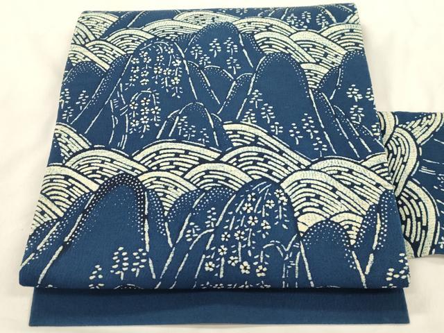 平和屋着物●九寸名古屋帯　藍　型染め　流水遠山文　正絹　逸品　CABM0750dy