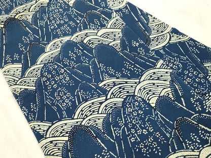 平和屋着物●九寸名古屋帯　藍　型染め　流水遠山文　正絹　逸品　CABM0750dy