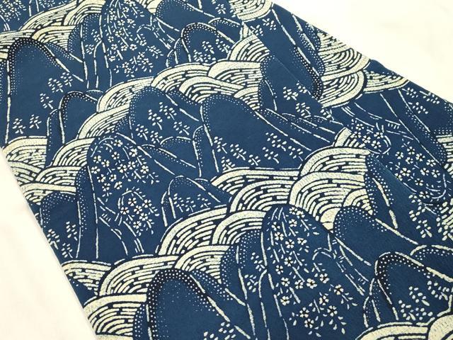 平和屋着物●九寸名古屋帯　藍　型染め　流水遠山文　正絹　逸品　CABM0750dy