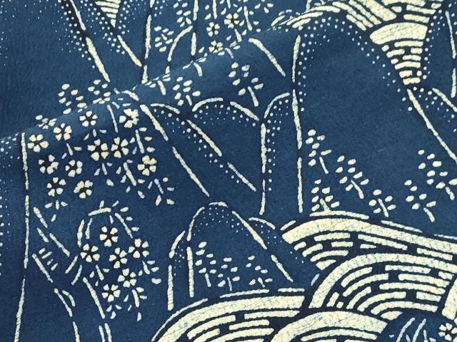 平和屋着物●九寸名古屋帯　藍　型染め　流水遠山文　正絹　逸品　CABM0750dy