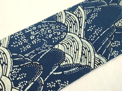 平和屋着物●九寸名古屋帯　藍　型染め　流水遠山文　正絹　逸品　CABM0750dy