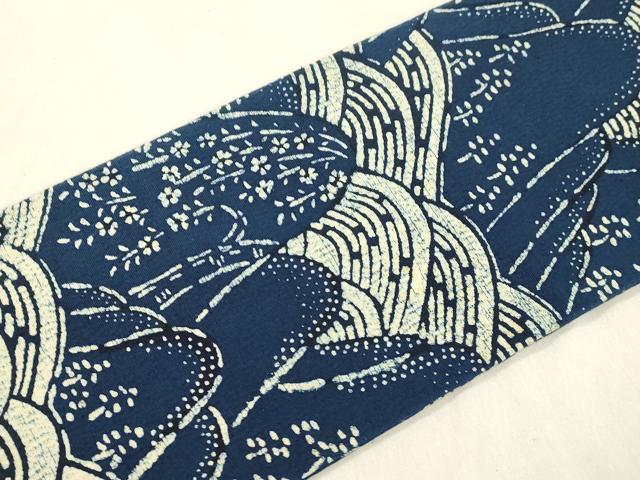 平和屋着物●九寸名古屋帯　藍　型染め　流水遠山文　正絹　逸品　CABM0750dy